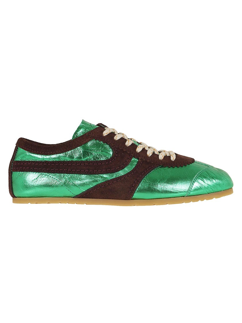 Dries Van Noten Curved Panel Shoes In Metallic Green And Chocolate Suede