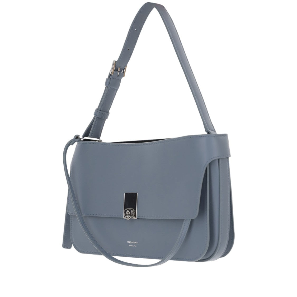 Salvatore Ferragamo Structured Light Blue Leather Shoulder Bag With Adjustable Handle