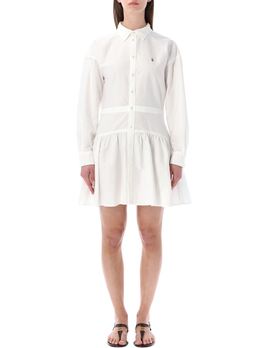 Polo Ralph Lauren White Cotton Gathered Skirt Shirt Dress