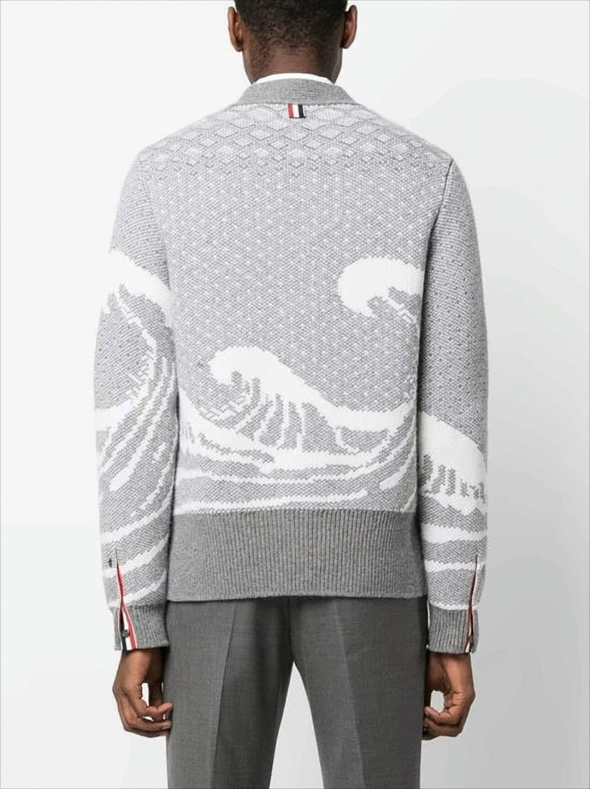Thom Browne Textured Knit Grey Wool Cardigan With V-Neckline And Tricolor Details