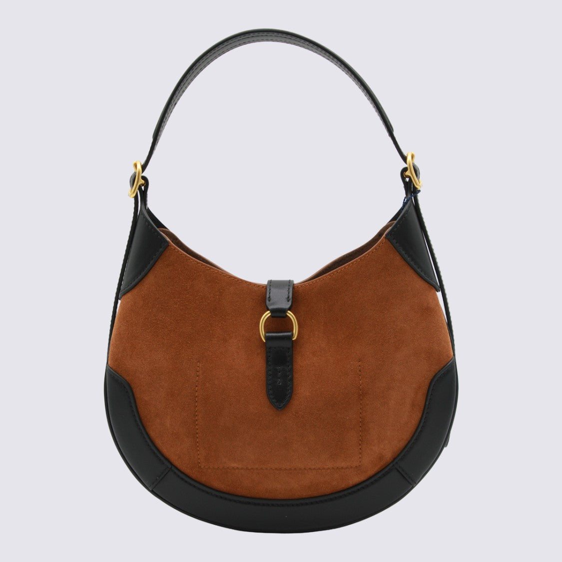 Polo Ralph Lauren Crescent-Shaped Brown Suede Handbag With Gold Accents