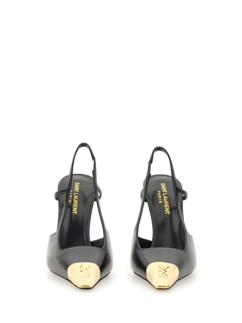 Saint Laurent Slingback Pumps With Metallic Gold Accent And Slim Stiletto Heel