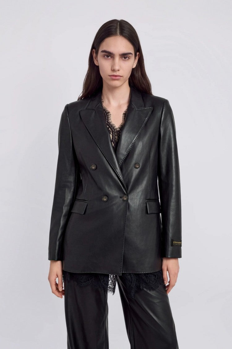 Ermanno Black Leather-Look Double-Breasted Polyurethane Blazer