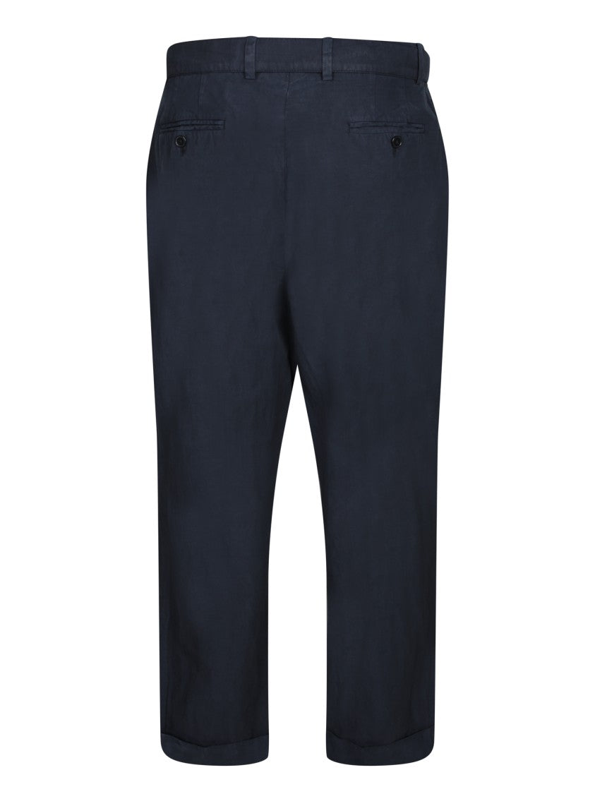 Officine Generale Tailored Blue Trousers With Pleated Front And Cropped Length
