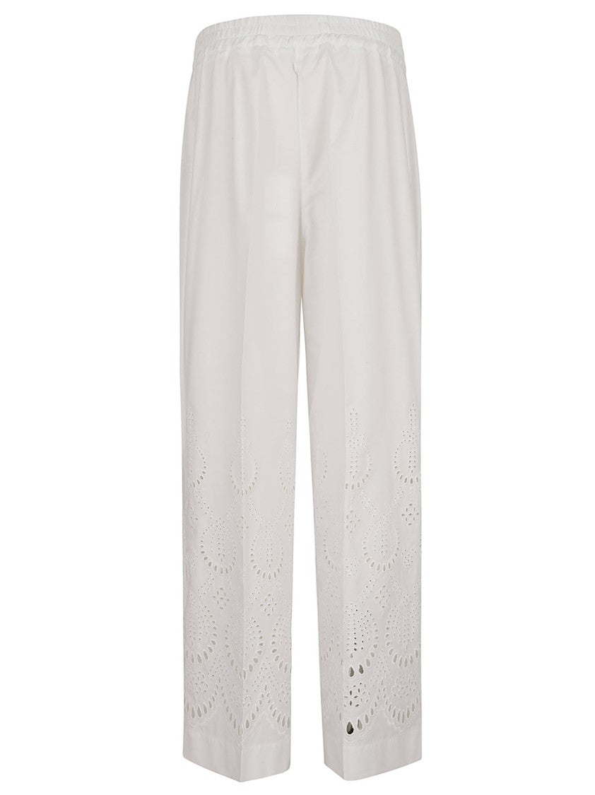 Parosh High-Waisted White Trousers With Intricate Eyelet Embroidery