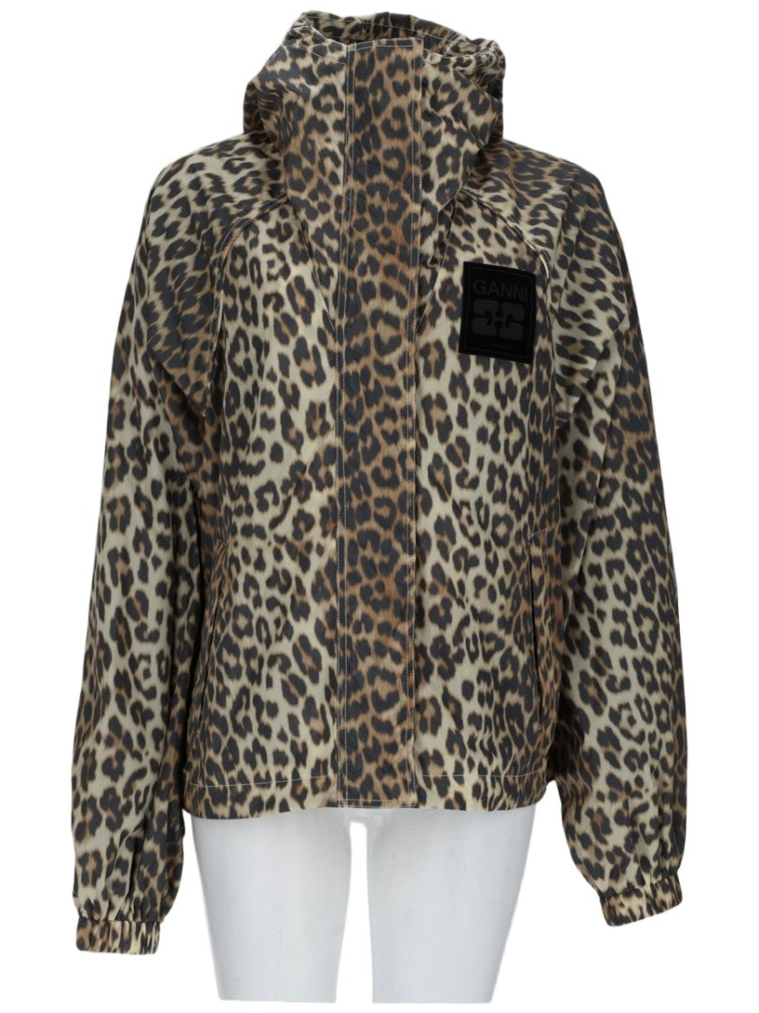 Ganni Cropped Leopard Print Recycled Nylon Hooded Jacket