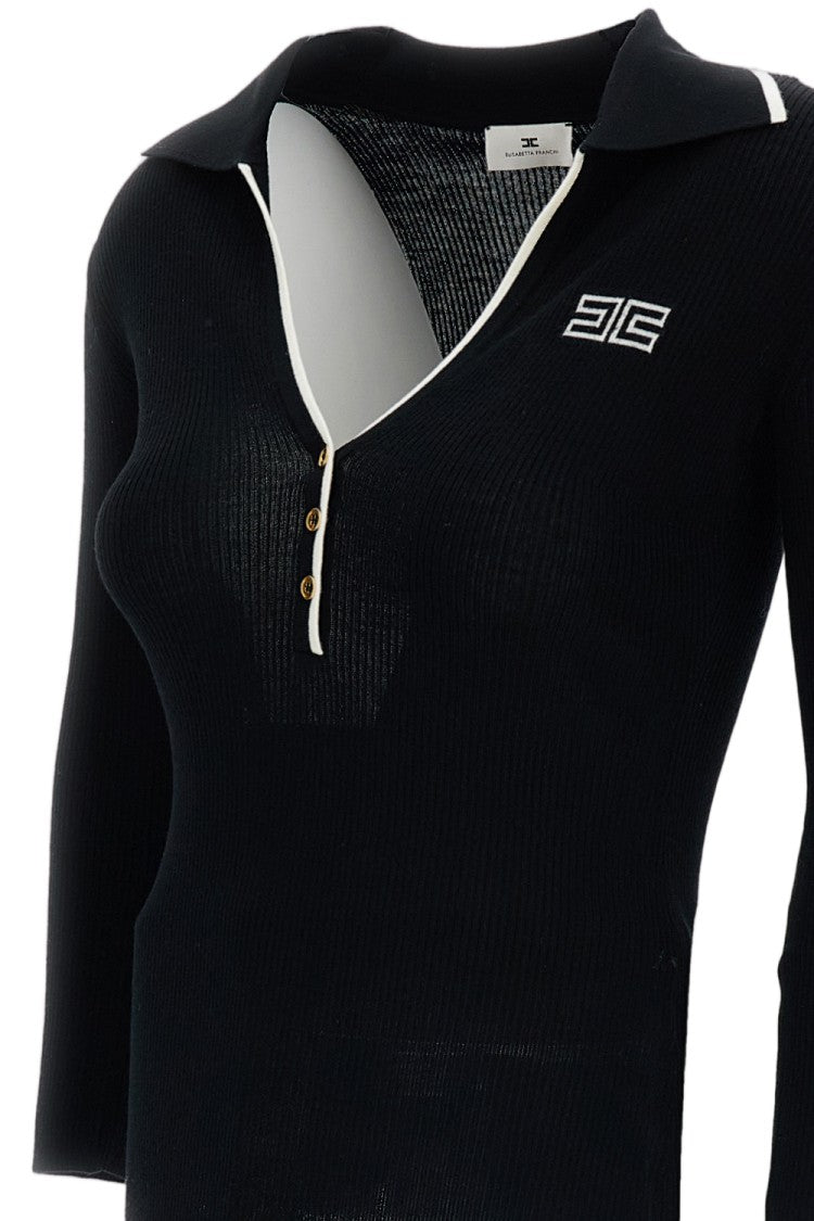 Elisabetta Franchi Black Stretch V-Neck Ribbed Knit Top
