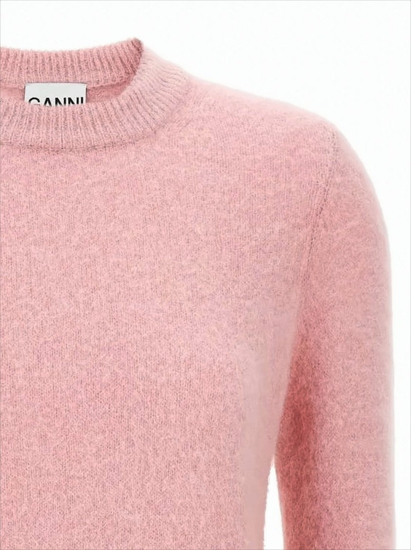Ganni Plush Pink Sweater With Ribbed Cuffs And Subtle Branding