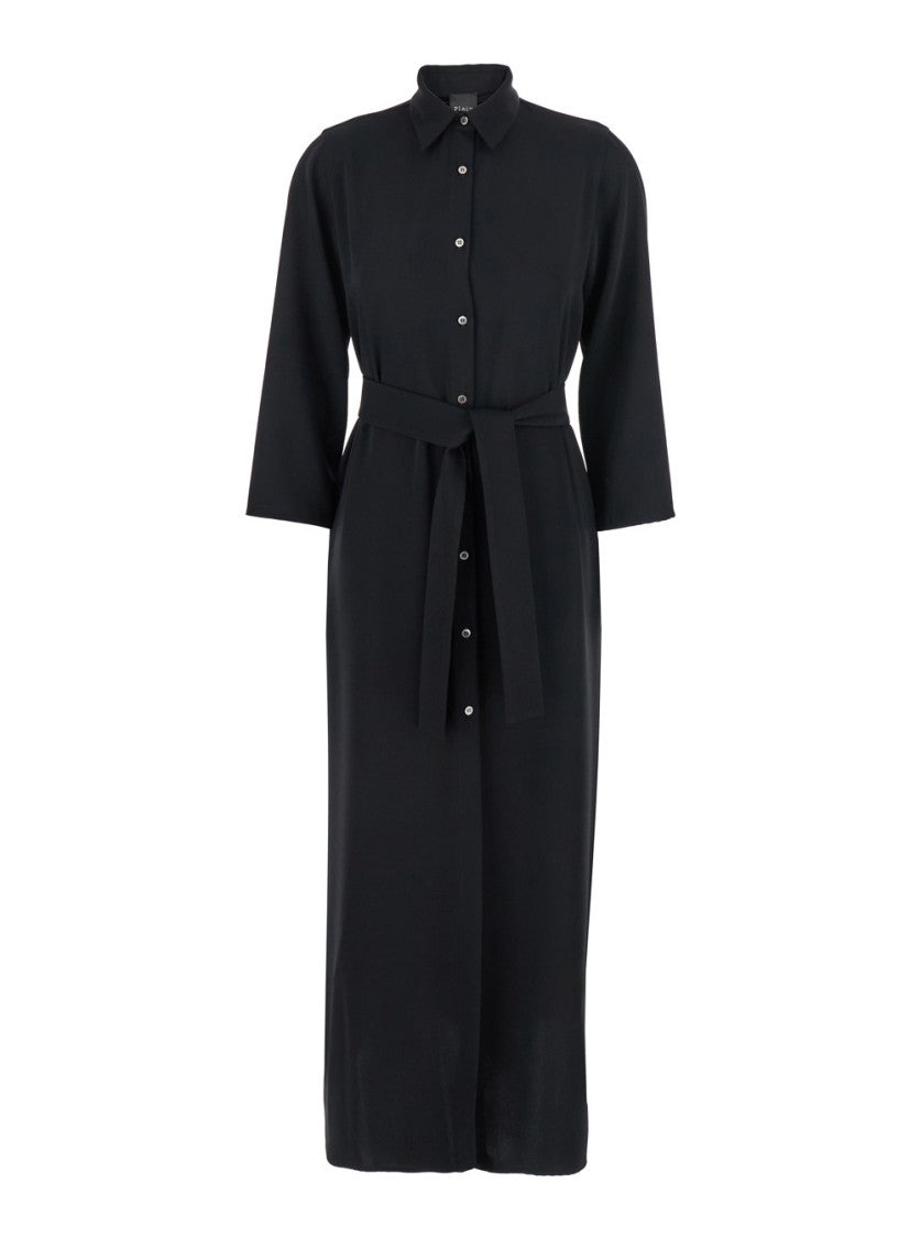 Plain Black Long Dress With Classic Collar
