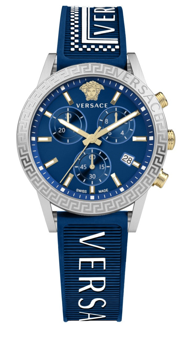 Versace Chronograph Timepiece With Blue Dial And Silicone Strap