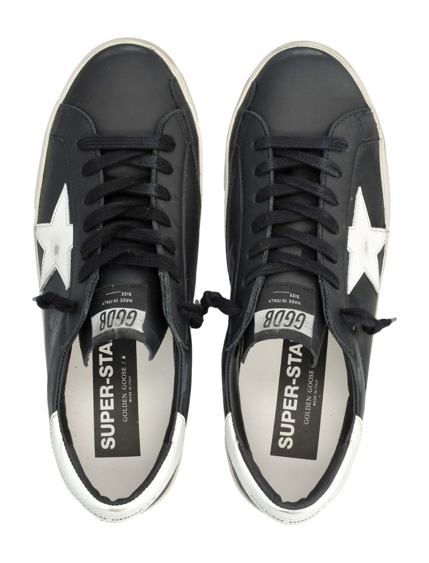 Golden Goose Super-Star Black Leather Sneakers With White Star Accent