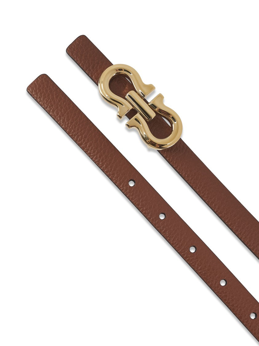 Ferragamo Reversible Cognac And Black Belt With Distinctive Gold Buckle