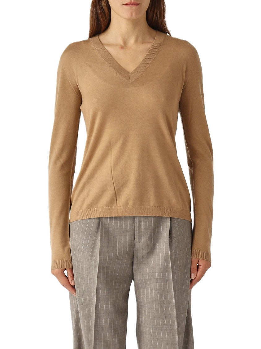 Max Mara Vezzoso V-Neck Sweater In Warm Camel Tone