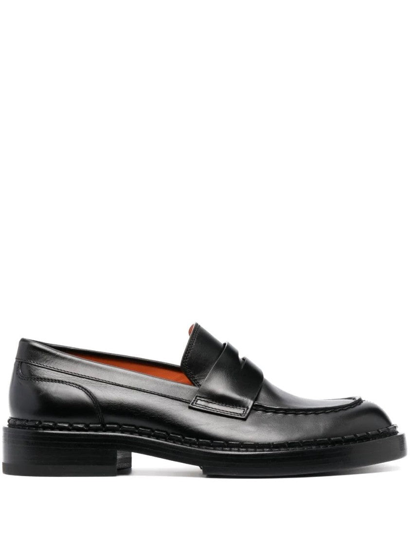 Santoni Sleek Black Leather Loafers With Refined Stitching
