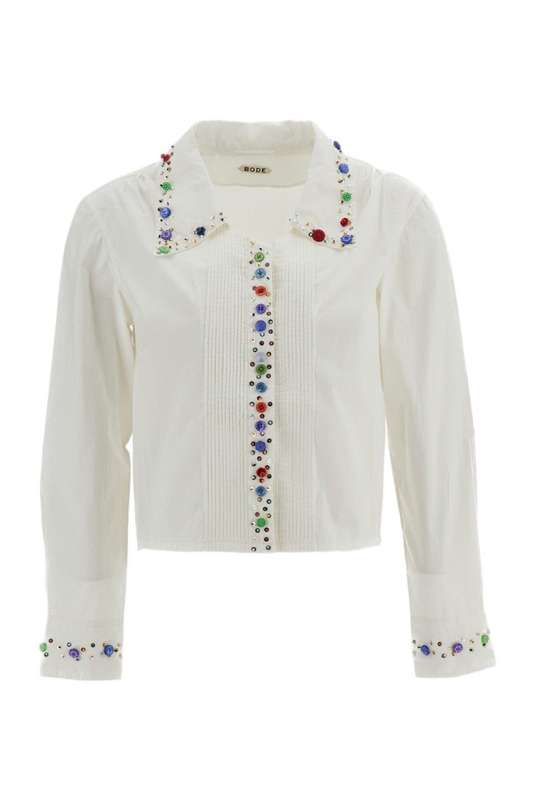 Bode New York White Button Jar Cropped Cotton Blouse