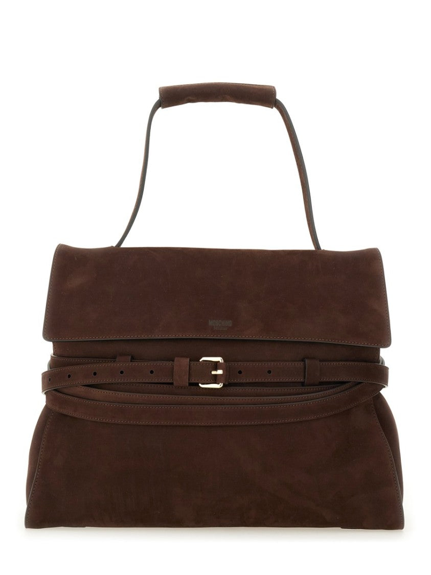 Moschino Structured Brown Suede Handbag