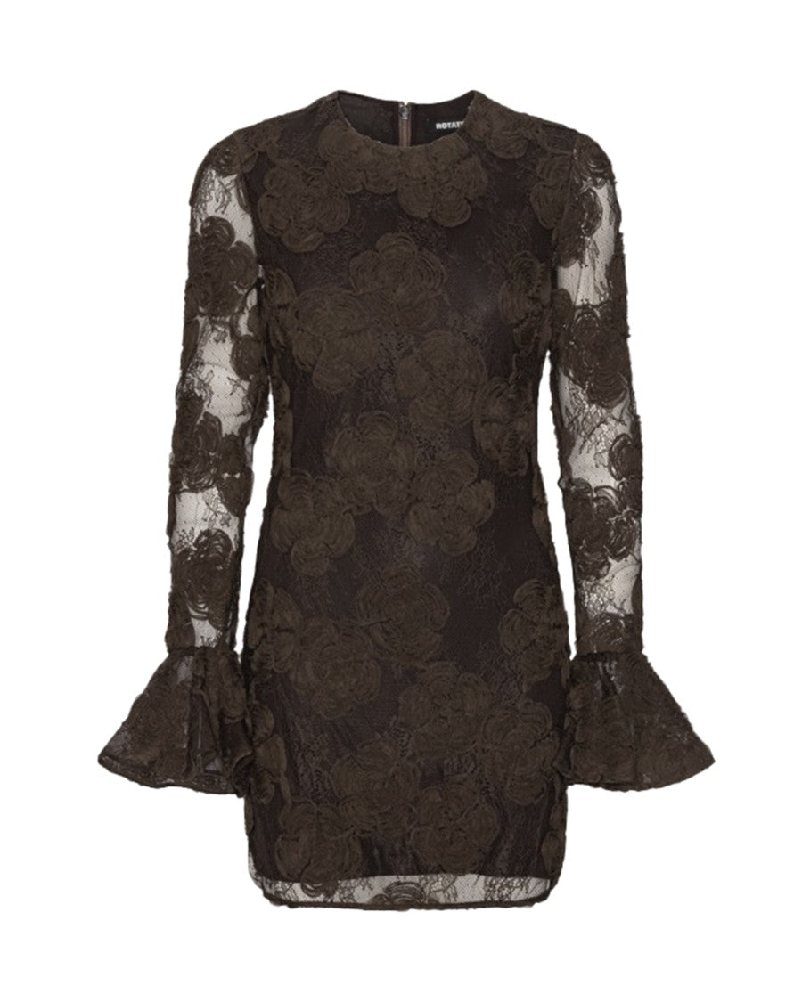 Rotate 3D Floral Lace Mini Dress With Sheer Sleeves