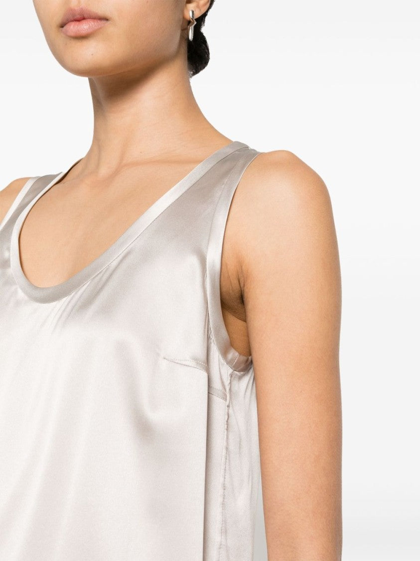 Brunello Cucinelli Black Satin-Finish Sleeveless Scoop Neck Top