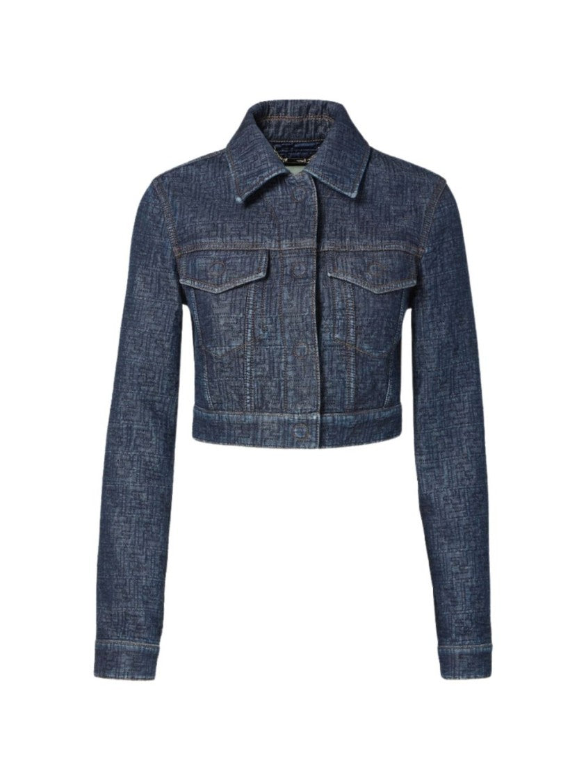 Fendi Cropped Denim Jacket With Embossed Texture