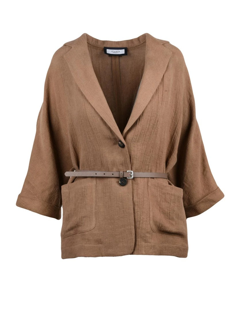 Peserico Lightweight Brown Linen Blazer With Leather Waist Detail