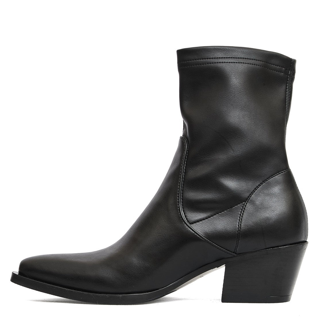 Strategia Stretch Black Leather Ankle Boots With Pointed Toe And Block Heel