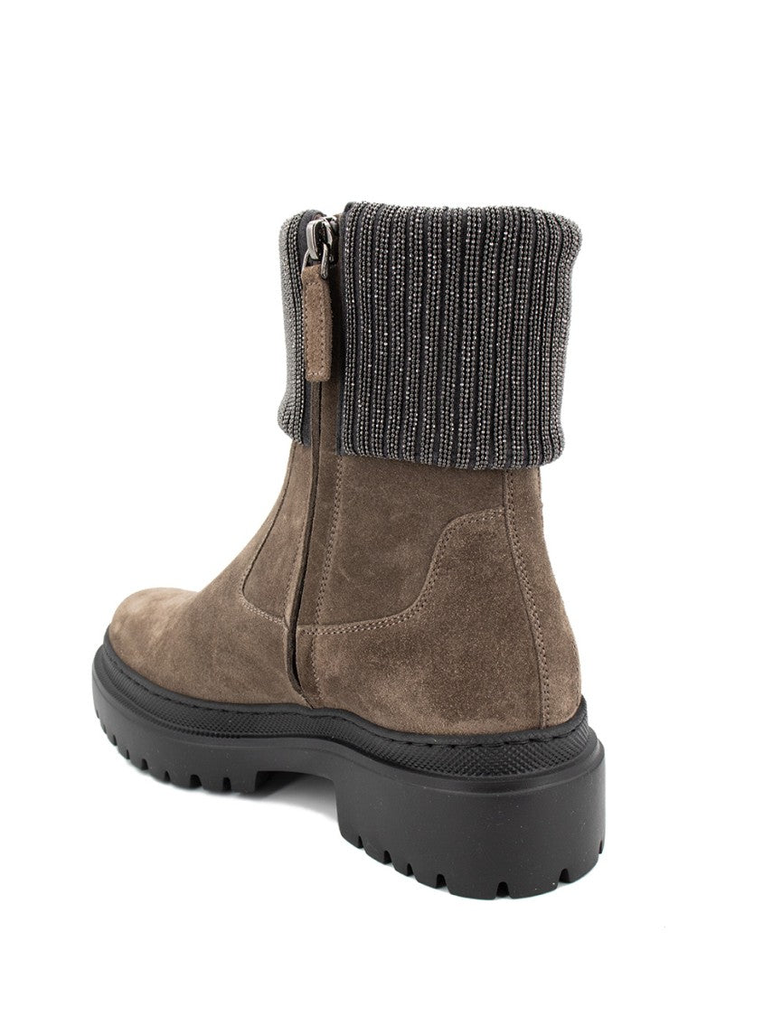 Brunello Cucinelli Ankle Boots With Ribbed Knit Cuff And Shimmering Embroidery