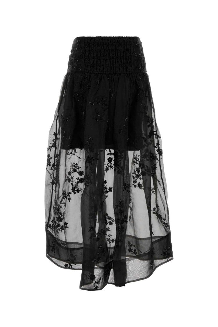 Ganni Black Organza Skirt With Floral Embroidery