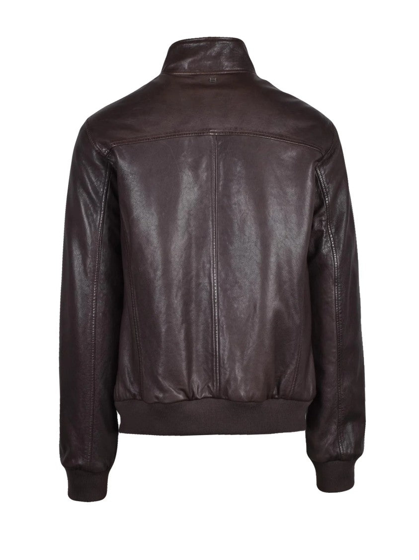 Mabrun Brown Quilted Interior Genuine Leather Zip Jacket
