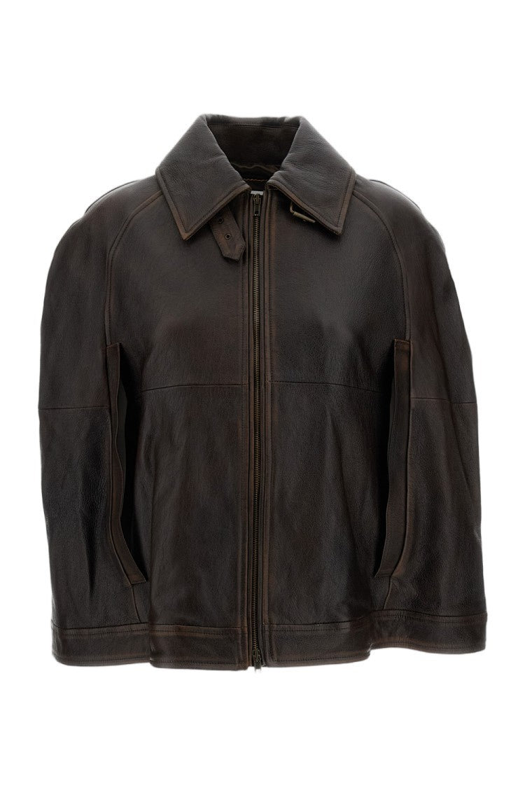 7 For All Mankind Brown Leather Cape With Wide Collar And Two-Way Zip Closure