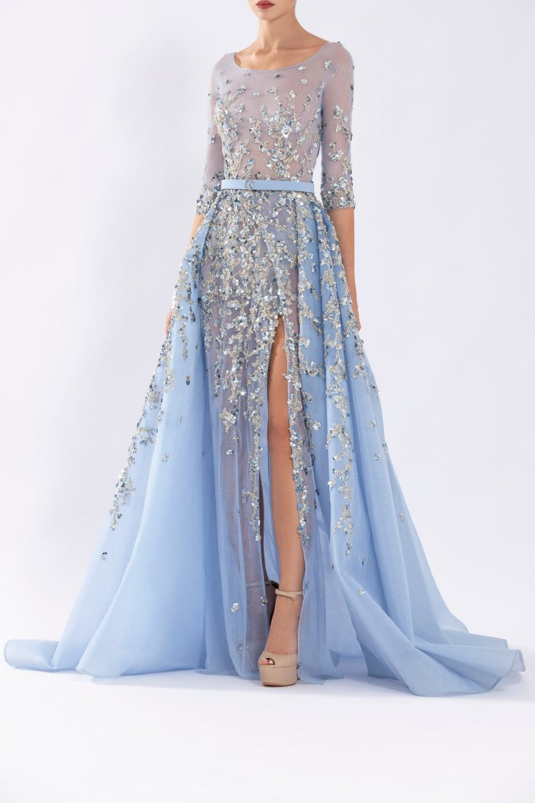 Saiid Kobeisy Tulle Beaded Dress With Envelope Skirt And Overskirt