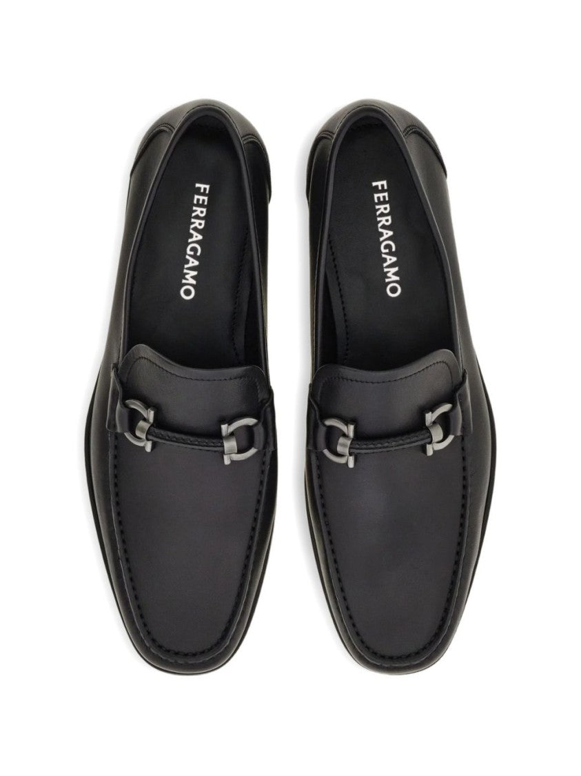 Ferragamo Black Gancini Ornament Calf Leather Loafers