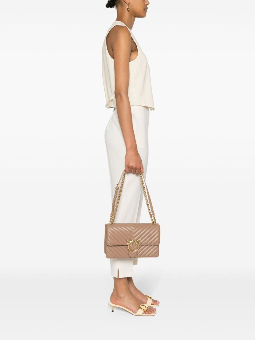 Pinko Chevron Quilted Beige Calf Leather Shoulder Bag