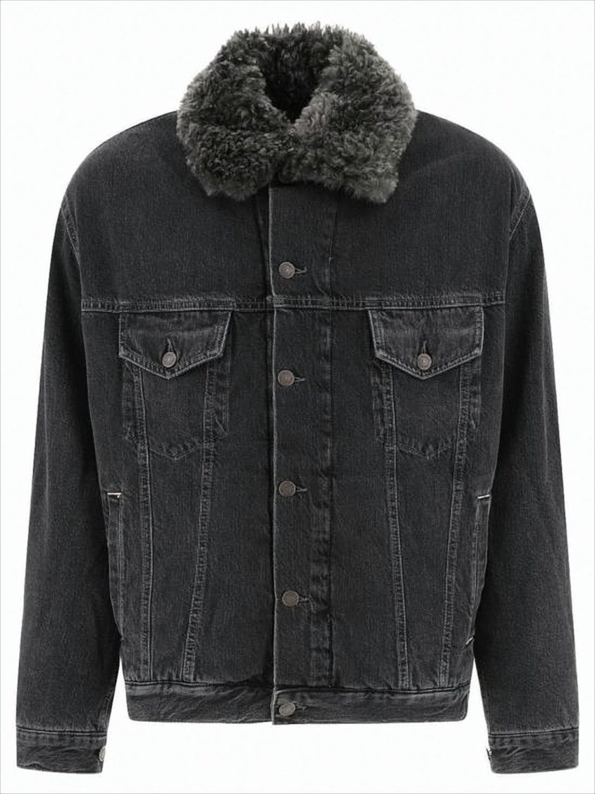 Acne Studios Washed Black Denim Jacket With Plush Collar And Tailored Fit