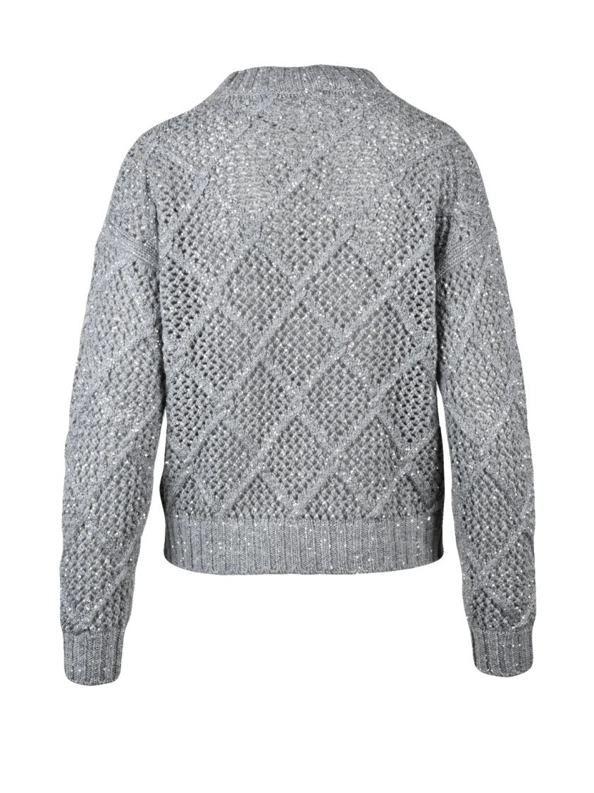 Max Mara Crewneck Sweater With Textured Diamond Knit And Rhinestone Embellishments