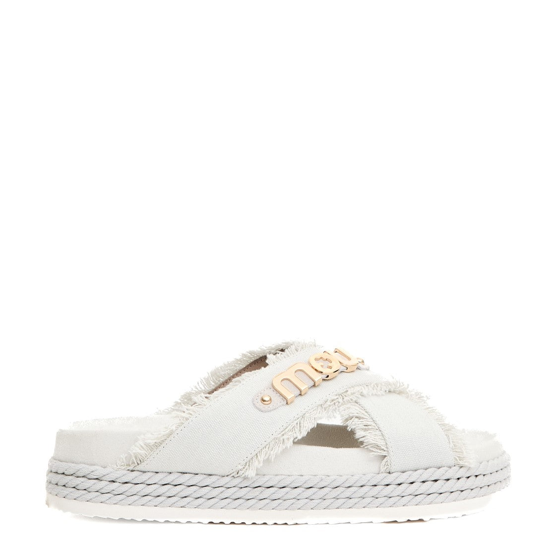 Mou Cross-Strap Canvas Sandals With Frayed Edges