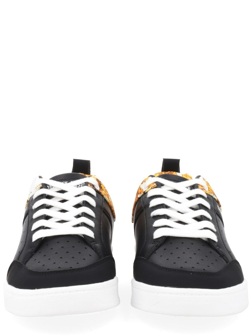 Versace Jeans Couture Black Weave Pattern Perforated Leather Sneakers