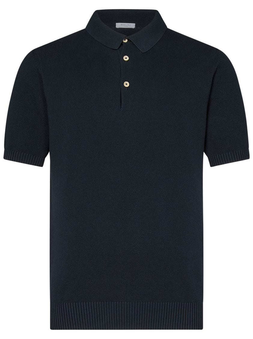 Boglioli Short-Sleeved Honeycomb Polo Shirt In Blue Cotton
