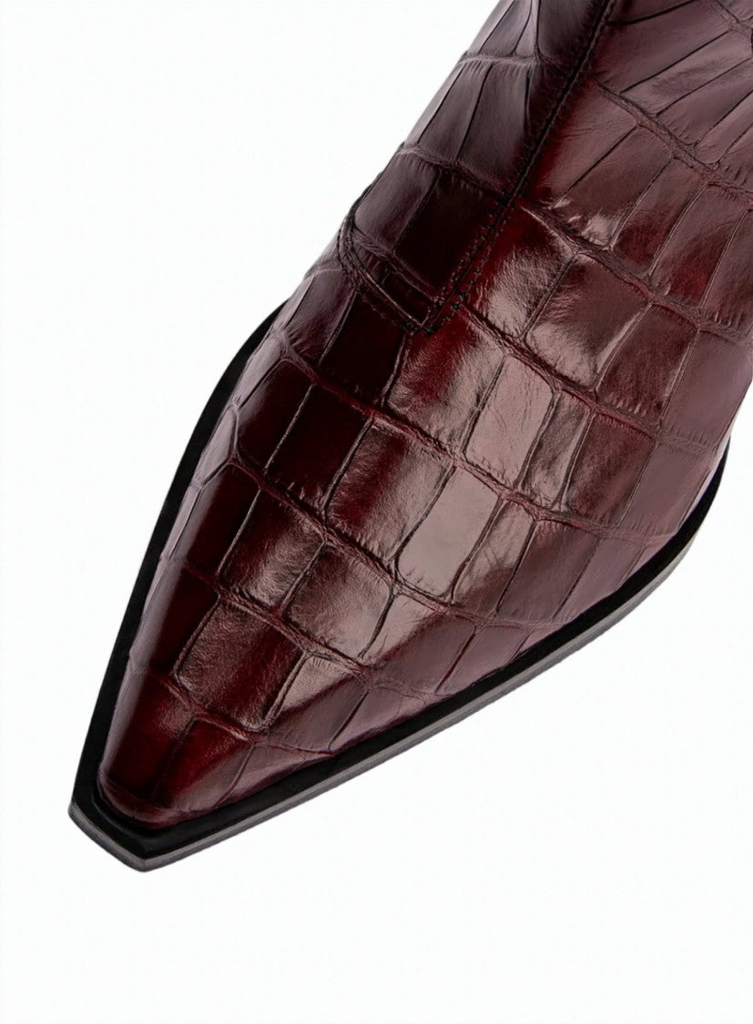 Poeve Crocodile-Embossed Calfskin Flared Block Heel Tall Boots