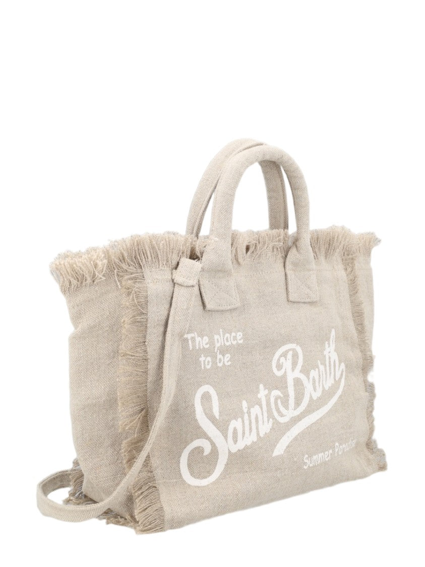 Mc2 Saint Barth Natural Beige Fringed Linen Tote Bag