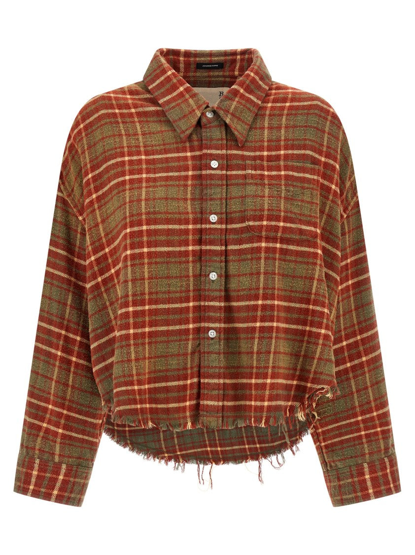 R13 Cropped Check Print Cotton Shirt With Fringed Asymmetric Hem