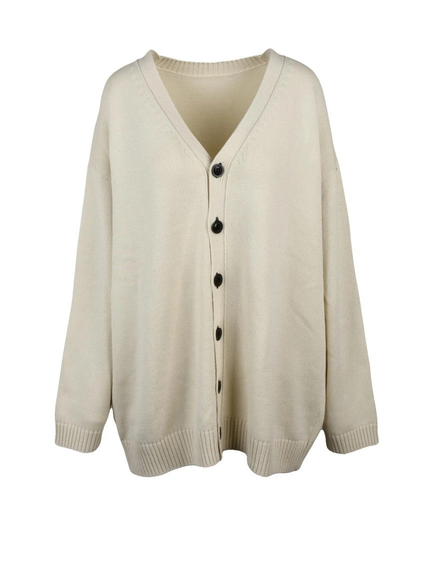 Yohji Yamamoto White Oversized Graphic V-Neck Cotton-Blend Cardigan
