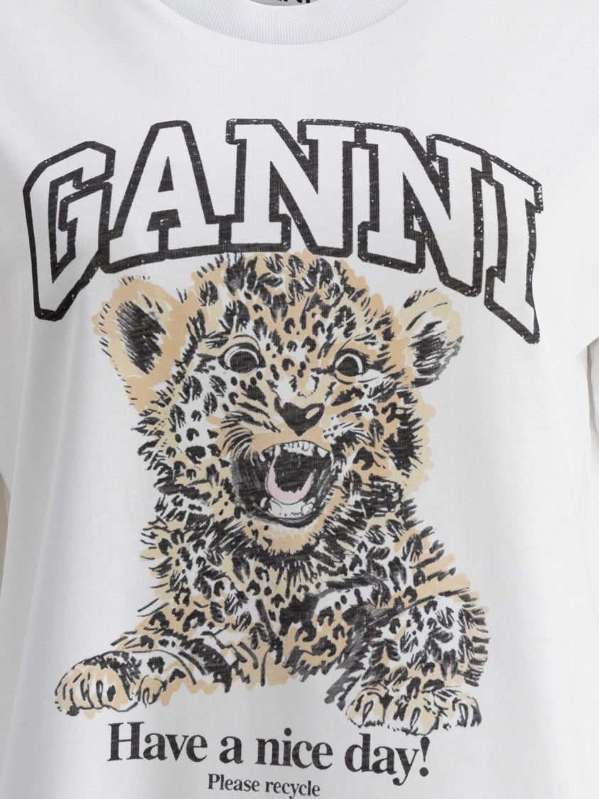 Ganni Graphic Print Cotton T-Shirt With Reinforced Crew Neck
