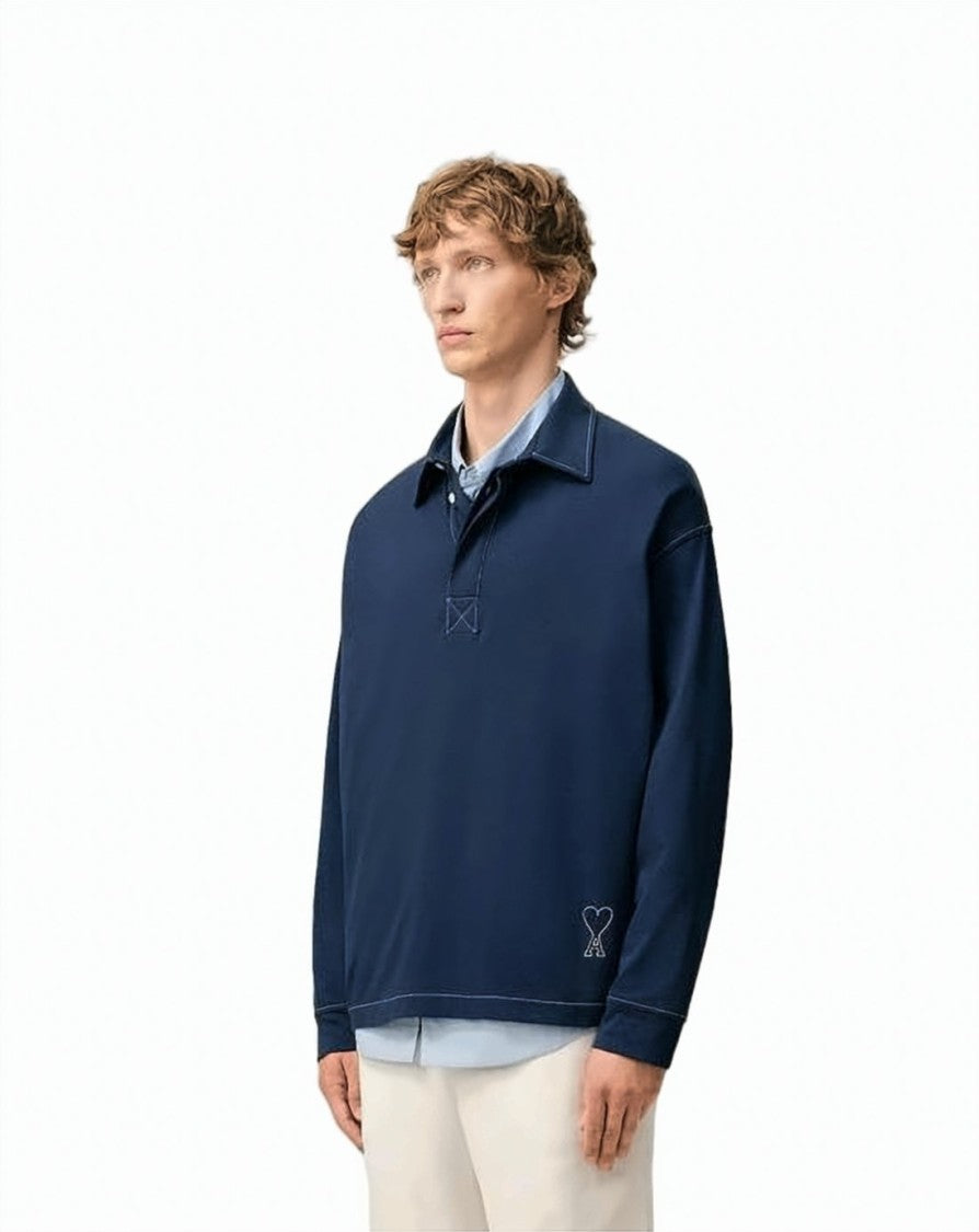 Ami Paris Long-Sleeve Cotton Polo With Embroidered Heart Detail