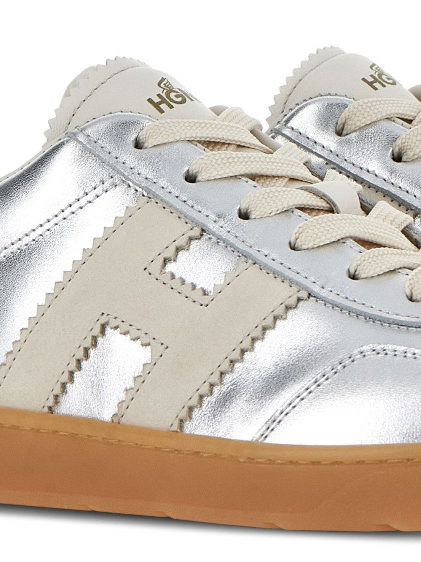 Hogan Metallic Silver Silk And Nylon Sneakers