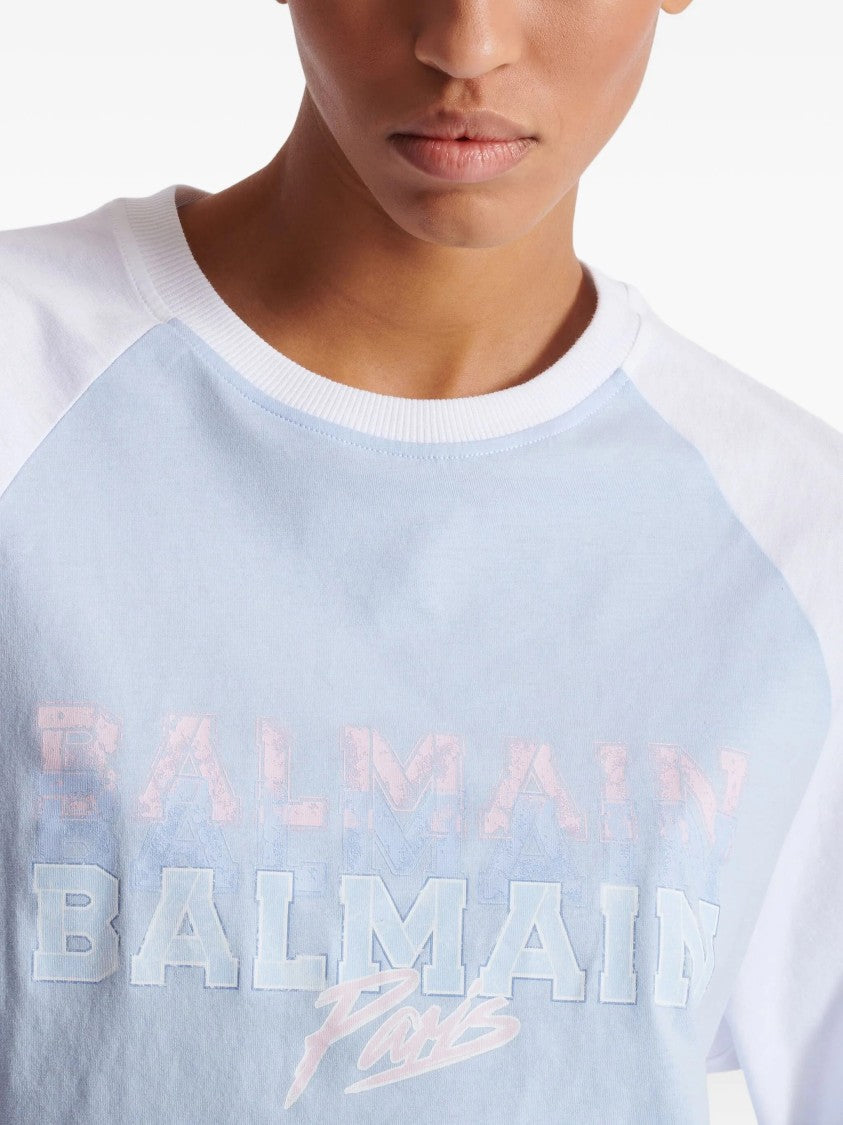 Balmain Light Blue Cropped Organic Cotton T-Shirt