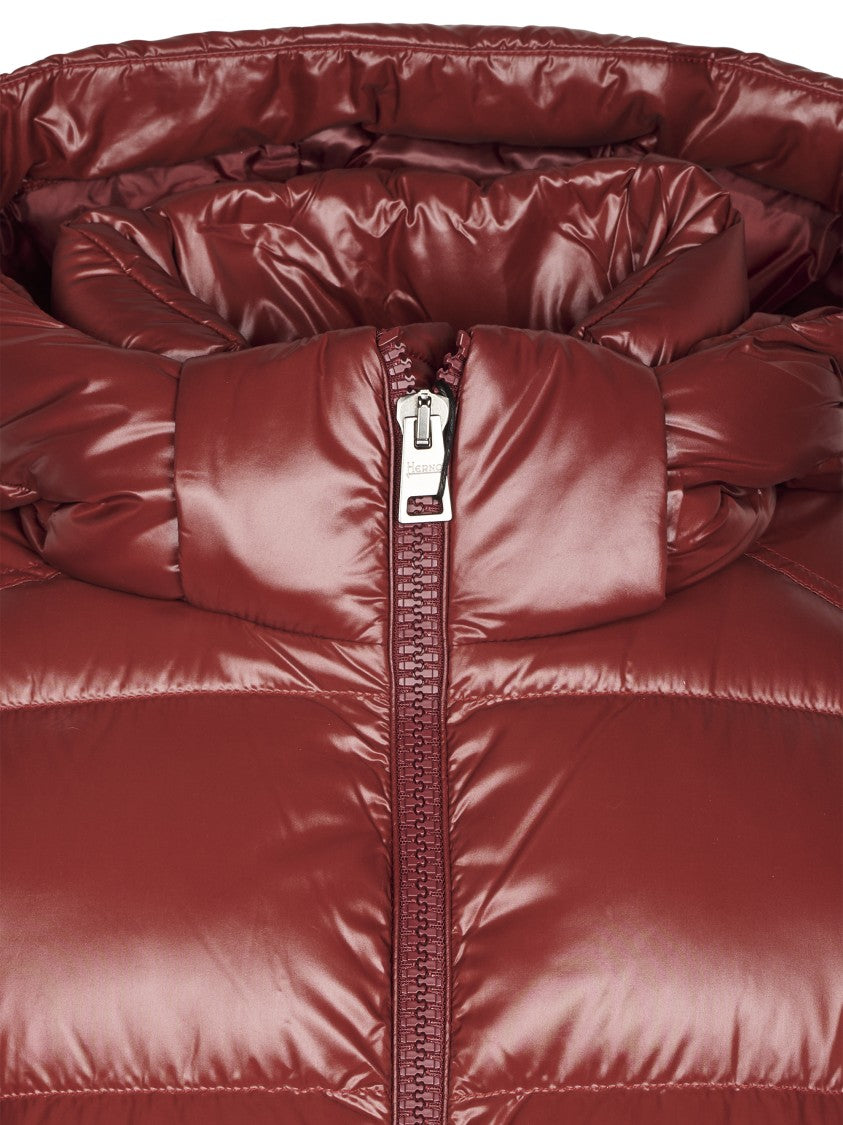 Herno Padded Red Down Jacket With Hood And Quilted Design