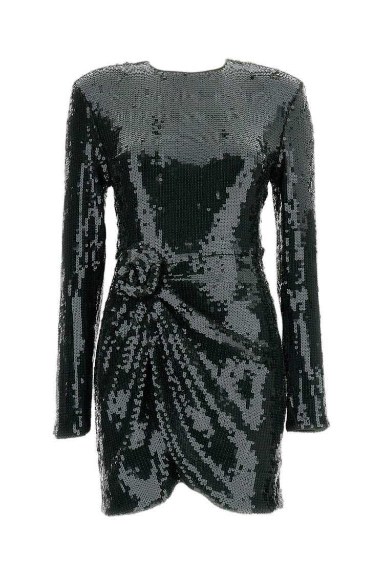 Rotate Black Olive Sequined Round-Neck Mini Dress