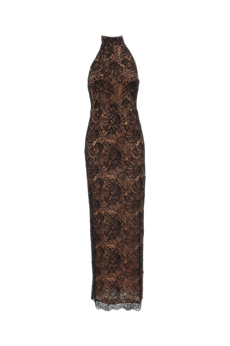 Rotate Floor-Length Floral Lace Halterneck Dress With Scalloped Hemline