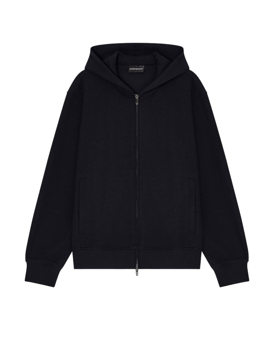 Emporio Armani Interlock-Lined Hooded Sweatshirt With Navy Stripe Jacquard Texture