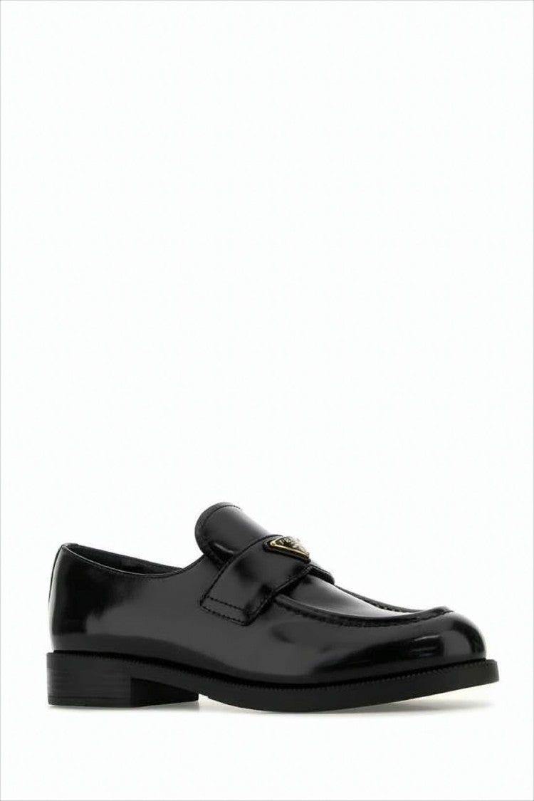 Prada Polished Calf Leather Loafers With Metallic Emblem